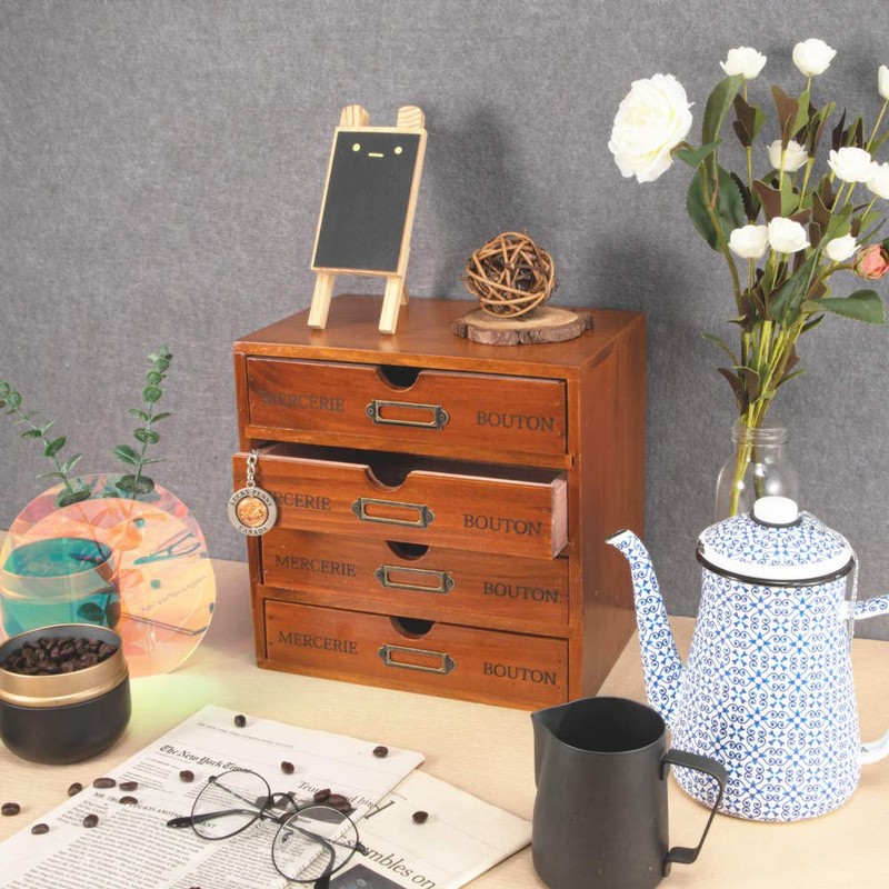 Wooden Storage Box Rustic Desktop Organizer with Drawers/Labels 4 Tier