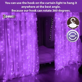 SINAMER Purple Curtain Light for Bedroom, 300 LED 9.8ft x 9.8ft Window Fairy Curtain String Light with 16 Hooks, 8 Models Remote Control for Wedding Party Home Garden Indoor Decorations
