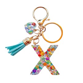 Colorful Cute Initial Letter Keychains for Women Girls Tassel Heart Charm Alphabet Keychain for Backpack School Bag (X-Colorful Sequin Heart)