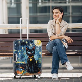 THISFIND Starry Night Black Cat Luggage Cover – Stretch Suitcase Protector with Moon & City Lights – Fits 29-32 Inch Luggage – Cute Cat Design with Heart Pendant – Durable & Washable Travel Sleeve