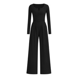 PRETTYGARDEN Jumpsuits for Women Dressy Casual 2025 Fall One Piece Outfits Long Sleeve Crew Neck Wide Leg Pants Rompers (Black,Medium)