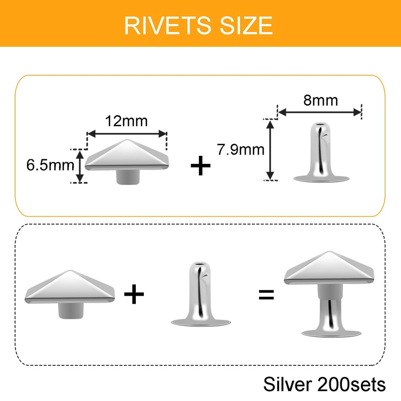 CooBigo 100 Sets 12mm Square Pyramid Rivet, Silver Metal Spike
