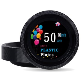 WELLIFE 10 Inch Plastic Plates Black 50 Count Disposable Plate for Party, Large Big Plates for Dinner Party Supplies Birthday Camping BBQ