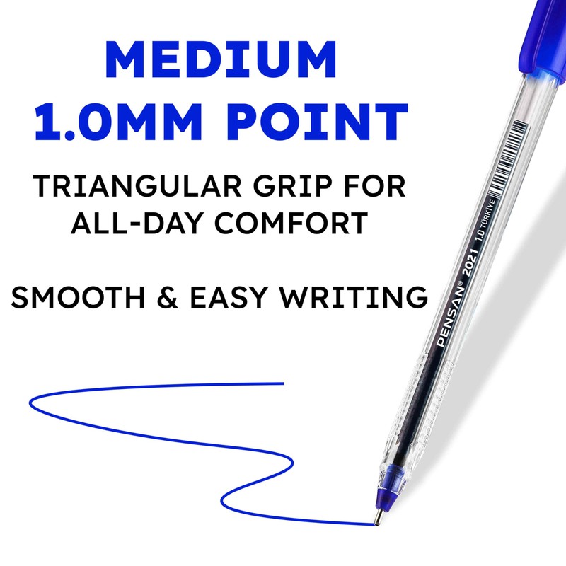 PENSAN Blue Ballpoint Pens,1.0 mm Medium Point, Blue Pens, Ergonomic