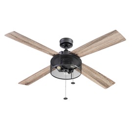 Prominence Home Mandino, 52 Inch Industrial Style LED Ceiling Fan with Light, Pull Chain, Dual Mounting Options, 4 Dual Finish Blades, Reversible Motor - Model 51591-01 (Matte Black)