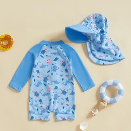 KMBANGI Toddler Baby Boy Mallard Swimsuit Kids Rash Guard Long Sleeve One Piece Bathing Suit Duck Hunting Swimwear with Hat (Sea Turtle Swimsuit, 3-6 Months)