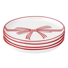 Santa Barbara Design Studio Appetizer Plate Set White Ceramic Small Plates, 5.25" Diameter, Red Bow, 4-Count