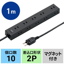 Sanwa Supply TAP-2210-1BK Power Strip, 10 Socks, 2P (3.3 ft (1 m) Large Insertion Layout, Strong Neodymium Magnet, Dust Shutter, Swing Plug, Black