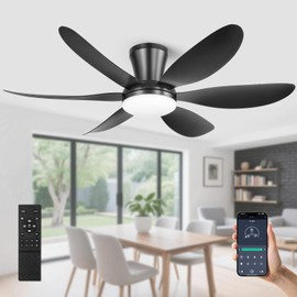 RIENAZA Ceiling Fans with Lights, 42 Inch Low Profile Ceiling Fan with Light and Remote/APP Control, Flush Mount, Reversible, 3CCT, Dimmable, Quiet, Black Ceiling Fan for Bedroom Indoor/Outdoor Use