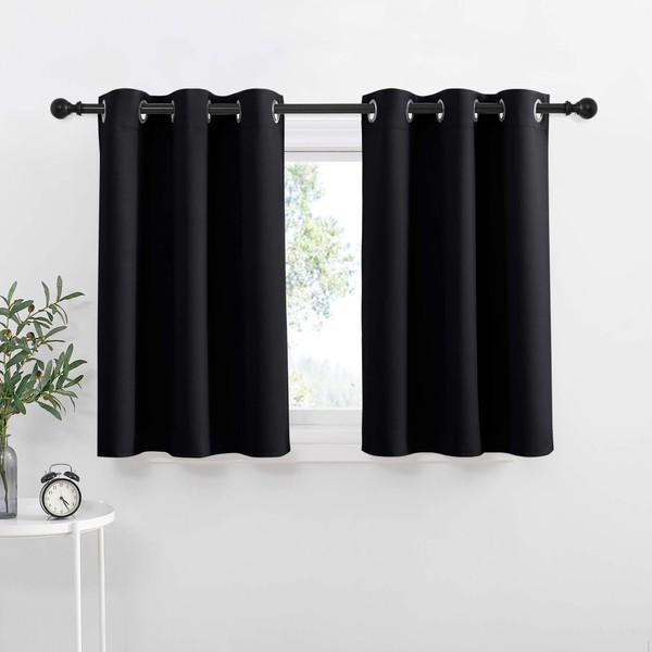 NICETOWN Black Small Window Curtains - Thermal Insulated Home Decor Blackout Grommet Curtains Drapes for Cafe, Kitchen, Laundry (42W by 36L + 1.2 inches Header, Black, 2 Pieces)