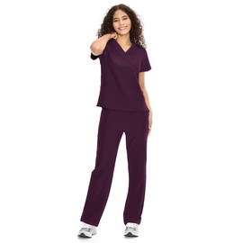 COZYFIT Scrubs for Women Set Medical Uniform - V-Neck Top & Straight Leg Pants with 9 Pockets, Wrinkle-Resistant Unisex Workwear, Dark Purple, M
