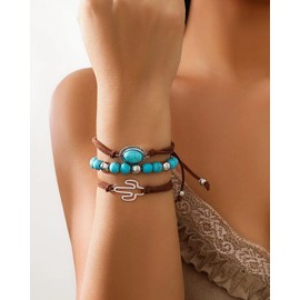 LANWLOSI Western Bracelets for Women Cowboy Cowgirl Hat Catcus Bracelets Layered Turquoise Leather Wrap Wristband Country Concert Jewelry Cowboy Carter Outfit Accessories