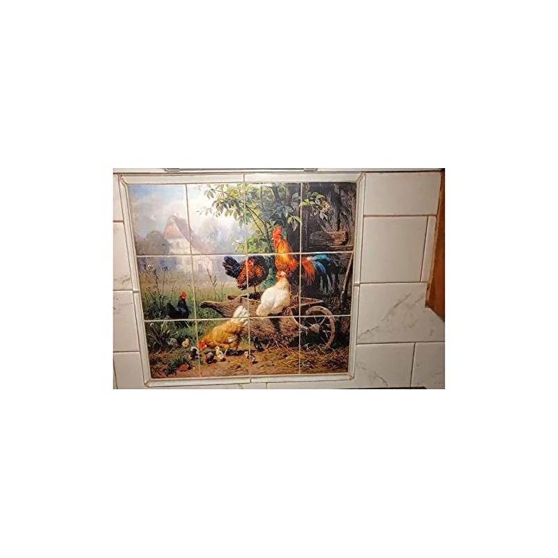 Farm Rooster Chickens by Carl Jutz Accent Tile Mural Kitchen