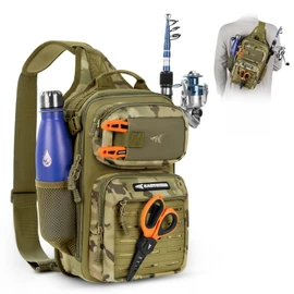 KastKing BlowBak Tactical Fishing Sling Tackle Storage Bag – Lightweight Sling Fishing Backpack - Sling Tool Bag for Fishing Hiking Hunting Camping,Khaki Camo,Standard
