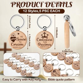 Realspring 60 Pcs Spanish Christian Keychain Bulk Llaveros Cristianos En Español Inspirational Spanish Bible Verse Wooden Quotes Keychain Religious Gift for Women Men