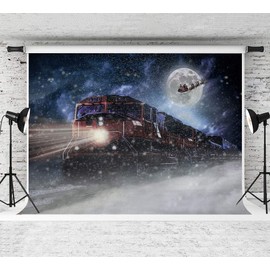 5x3FT Polar Express Christmas Themed Party Backdrop Vinyl Moon Decor Sledge Snowflake Photography backdrops Xmas Day Party Photo Background Birthday Party Banner Decoration