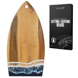 FUSIONOVA Acacia Cutting Board with Epoxy - Surfboard Shaped Wood Cutting Board with Waves, Coastal Decor for Surf Lovers, Epicure, Gourmet, Cheese Lovers - Unique Kitchen Gift