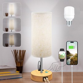 Touch Control Table Lamp for Bedroom, Bedside Lamp with USB Charging Port & AC Outlet, 3 Brightness Levels Adjustable, Nightstand Light Suitable for Home, Office, Dormitory, Reading, LED Bulb Included