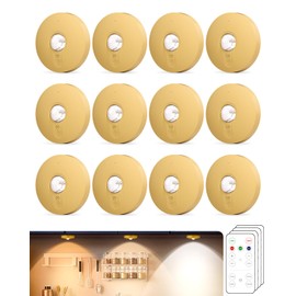 Aokpsrt Rechargeable Puck Lights With Remote Control, 1500mAh Battery Operated Tap Lights, Dimmer & Timer Under Cabinet Light, Wireless LED Stick-On for Closet, Bedroom, Kitchen - Gold 12Pcs