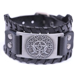 Pagan Triple Moon Goddess Pentagram Tree of Life Leather Bracelet for Men/Women Amulet Jewelry (Antique Silver,Black), Leather