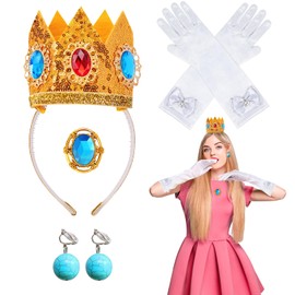Set of 4 Princess Accessory Costume, Princess Costume Women's Accessories, Peach Costume Accessory Set, Princess Peach with Crown/Earrings/Gloves/Brooch, for Decoration, Dance Parties and Role Play,