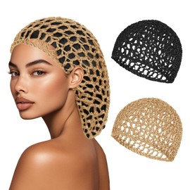 2 PCS Hair Nets for Sleeping Mesh Crochet Hair Wrap Breathable Sleep Cap for Women Reusable Elastic Hairnet（Black，Khaki）