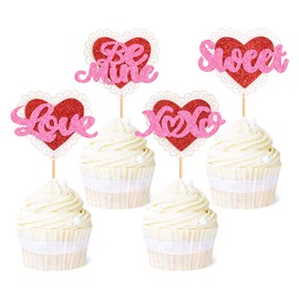 Ercadio Paquete de 24 adornos para magdalenas con purpurina para el día de San Valentín, diseño de corazón dulce para magdalenas, para decoración de fiestas de compromiso