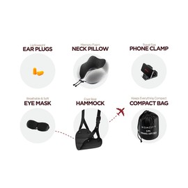 Airplane Neck Pillow Includes Travel Pillow + Airplane Phone Holder Mount + Eye Masks + Foot Hammock + Earplugs for Travel, 100% Pure Memory Foam Travel Pillow, 6 Pc Travel Kit