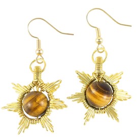 Nupuyai Tiger's Eye Crystal Stone Drop Earrings for Women, Wire Wrap Gold Star of David Sun Dangle Earrings for Party Wedding Vacation