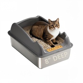 8" Deep Stainless Steel Litter Box with Lid, Extra Large Litter Box for Big Cats, Metal High Sided Litter Pan, Anti-Stick and Anti-Leak, Easy to Clean, Dark Gray