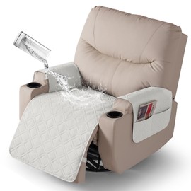 VANSOFY Recliner Chair Covers 100% Waterproof Seat Cover with Arm Reclining Cover Non-Slip Recliner Chair Covers Furniture Protector Washable Slipcover with Pocket for Pets, Dogs(Off White，25")