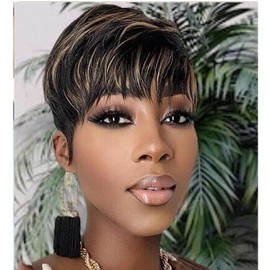 Pelucas Pixie de cabello humano para mujeres negras Pelucas cortas para mujeres Color 1b/30 Peluca corta en capas sin pegamento con corte pixie de cab