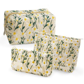 FloralGrace Pack of 3 Daisy Cosmetic Bag for Women, Small Make Up Bag for Women, Girls, Wash Bag, Women's Make-Up Bag, Organiser for Purse Travel