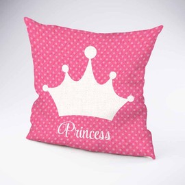 Pehede Throw Pillow Cover Princess and White Crown on Pink Dot Cotton Linen Pillow Case Decorative for Sofa Couch Chair Bedroom 18X18 Inch
