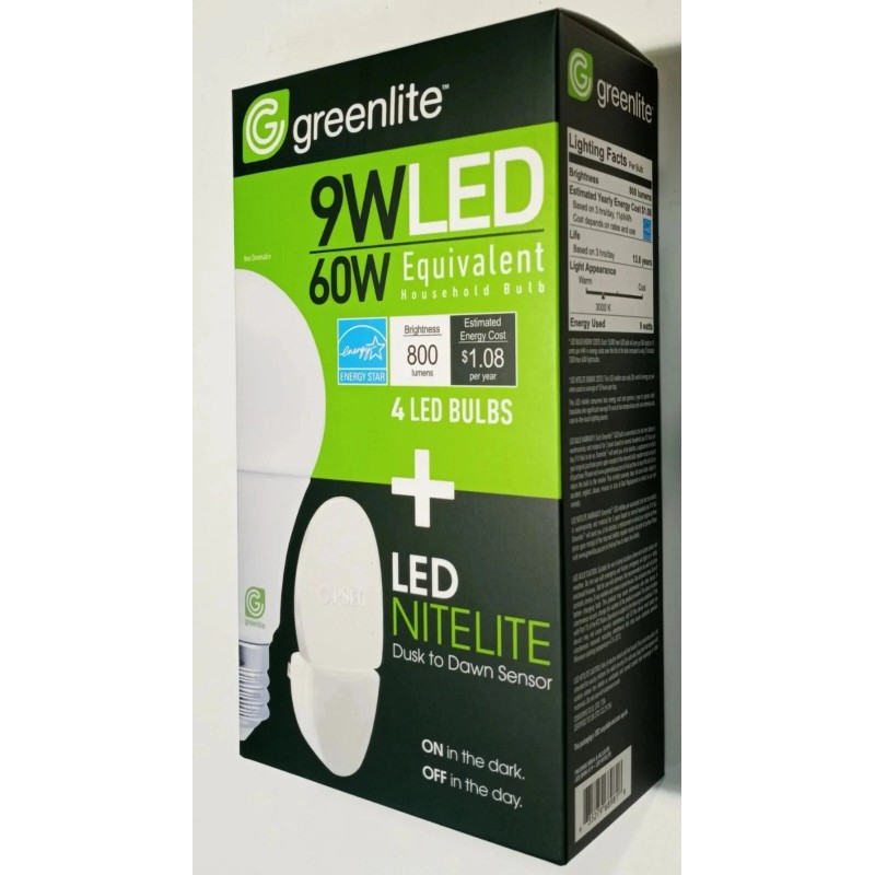 Greenlite A+ 4x9W LED Light Bulb + LED NITELITE GREENLITE