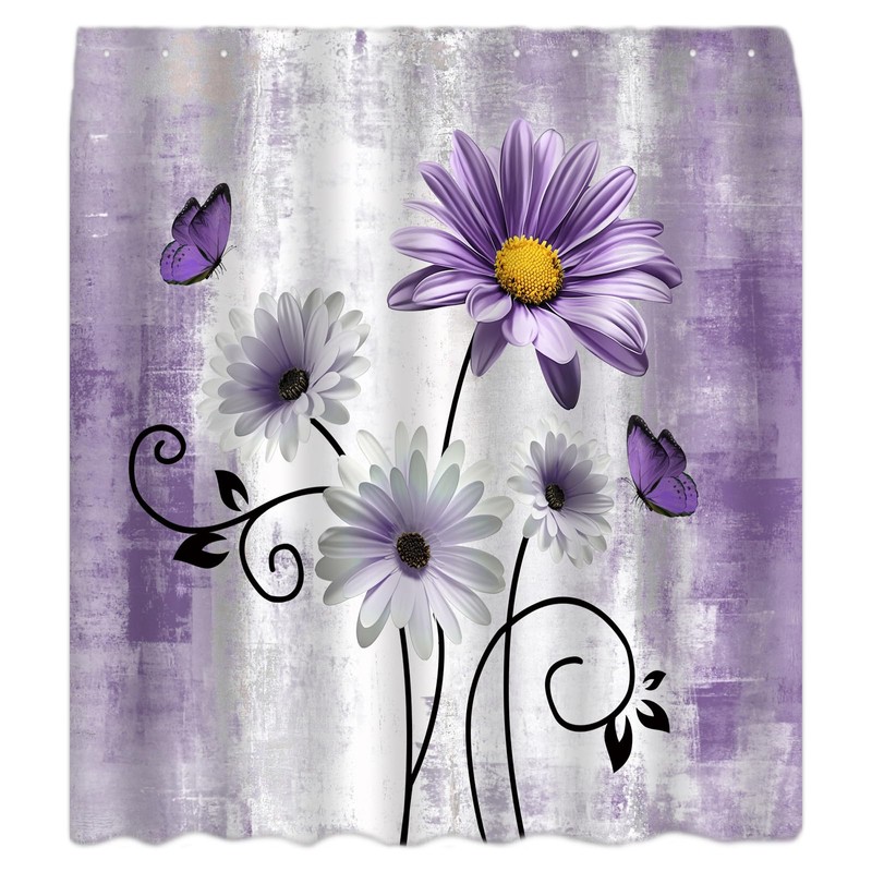 UPUMKSK Purple Daisy Shower Curtain Floral Butterfly, 70" W x