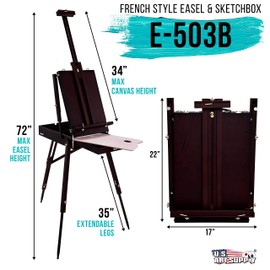 U.S. Art Supply Large Black Cherry French Easel, Adjustable Plein Air Easels, Beechwood Sketchbox Tripod for Field & Studio Painting Easel for Adults, Drawing, Display - Portable with Drawer & Palette