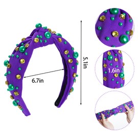 Sucrain 1PCS Mardi Gras Headband Green Yellow Purple Pearl Crystal Jeweled Knotted Hairband for Women Outfits Carnival