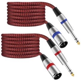 Mugteeve XLR Male to 1/4" TRS Cable Balanced - 50FT Quarter Inch Stereo to XLR Microphone Cord Adapter, Nylon Braided, OFC Shielded, Red Color, for Mixer, Monitor Speaker, Audio Interface, 2Pack