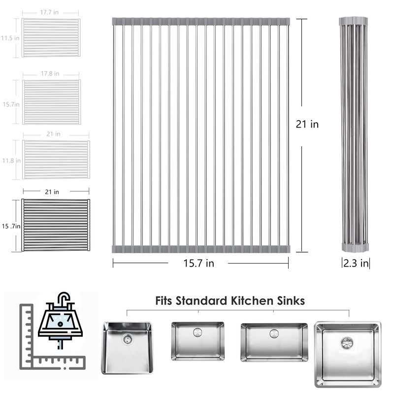 Tomorotec Roll Up Dish Drying Rack Over The Sink Grey