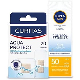 Kit NiveaCuritas Rutina Sun Face - Nivea Sun Protección Solar Facial control de brillo Fps 50  Curitas Venditas Adhesivas Aqua Protect