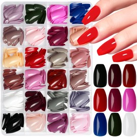 AddFavor Coffin Press on Nails Short, 576pcs Coffin Fake Nails Full Cover Glossy Short Nails Press on Acrylic False Nail Tips 24 Colors for Women