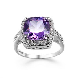 Metmejiao White Gold Amethyst Cocktail Rings Purple CZ Engagement Ring Princess Cut Square Cubic Zirconia 925 Sterling Silver Shiny Full Diamond Ring for Women Size 7