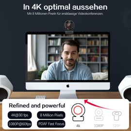 Angetube 4K Webcam for PC, 1080P@60FPS Streaming Camera with PDAF Auto Focus, AI Noise Reduction, 8X Zoom, USB Web Camera with Privacy Protection for Laptop/Mac/PC, Compatible with Zoom, Teams, OBS