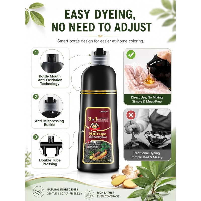 Leorx Dark Brown Hair Dye Shampoo 3 in 1, 15