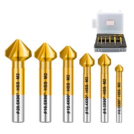 FOCSTOL Countersink Drill Bit HSS Set - 90° Titanium Countersink Drill Bit Set with Round Shank for Stainless Steel Copper Aluminium Wood Plastic 6 Pieces (6.3/8.3/10.4/12.4/16.5/20.5 mm)