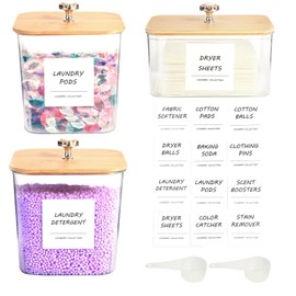 PLOUTA HOME 3 Pack Laundry Room Organization Storage Containers, Plastic Clear Laundry Pods Container & Dryer Sheet Holder Jars with Lids, Scoops & Labels for Detergent, Powder, Dryer Balls, Beads