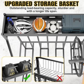 Hedyzone 4 Bike Stand Steady Bike Rack Garage with Baskets Storage Indoor Bike Storage Rack Metal Floor Bicycle Station for Parking Suitable for Mountain, Hybrid, Adult and Kids Bikes