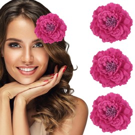 uxcell 3 Pcs Peony Flowers Hair Clip, 4.7 Inch Artificial Fabric Head Flower for Women Hair Pins Corsage DIY Crafts Clothing Wedding Birthday Party, Rose Red