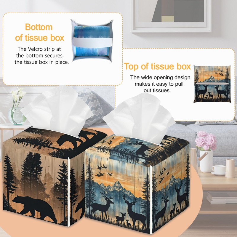 Rustic Deer Forest 2 Pcs Tissue Box Cover Square, Tissue